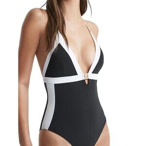 Reiss Henrietta Colorblock One-Piece Swimsuit SZ 4 US NWT Black White Halter